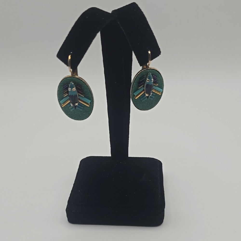 Satellite Hand Beaded Teal and Gold Earrings